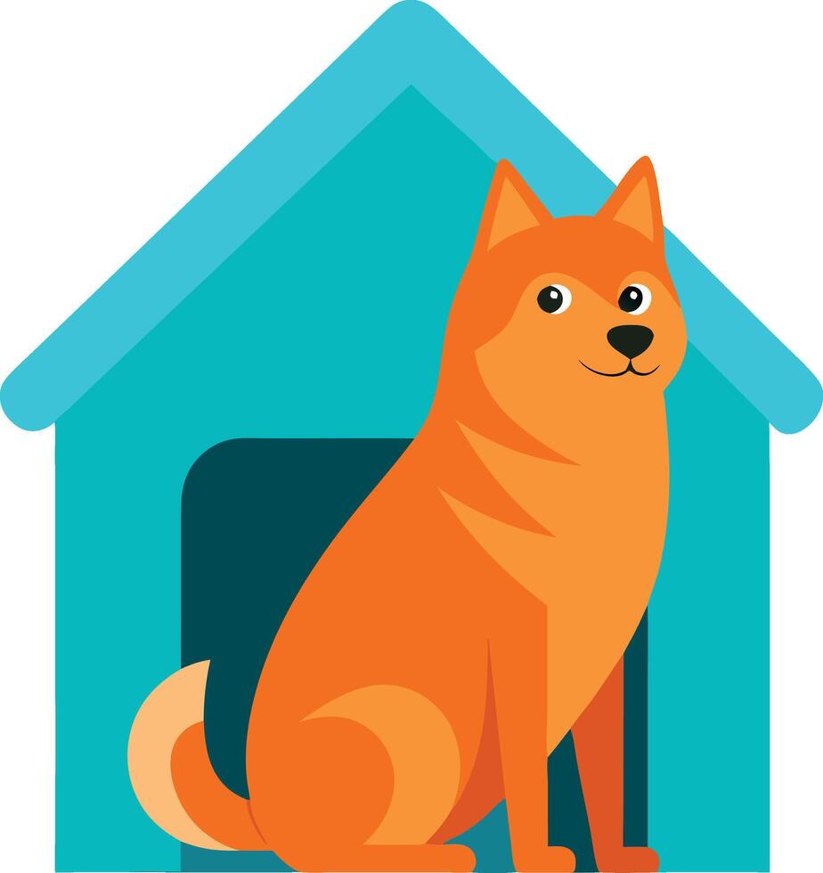 Illustration of a happy orange dog sitting in front of a blue dog house vector
