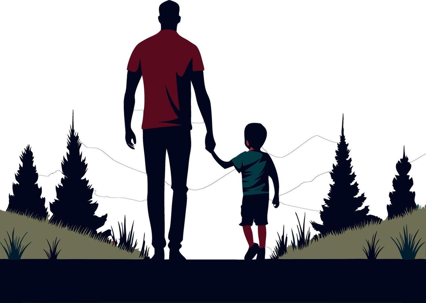 Father and son holding hands while walking in nature at sunset vector