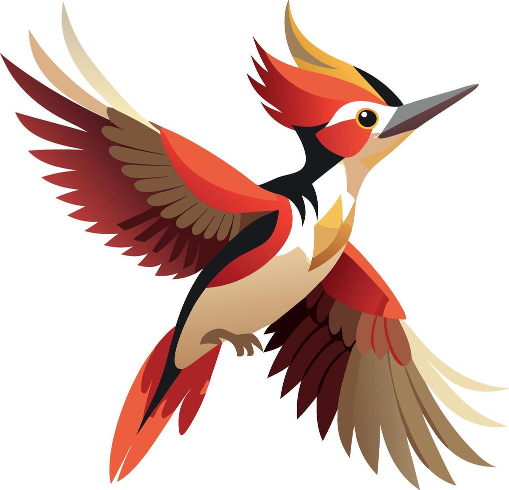 Colorful illustration of a woodpecker in flight with vibrant feathers and abstract design vector