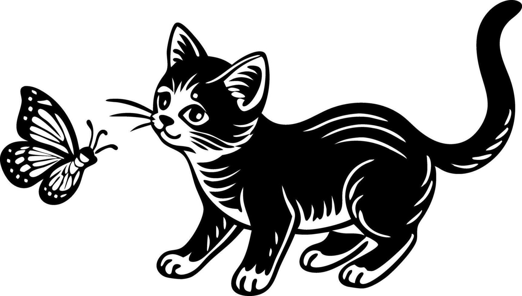 A black and white cat is chasing a butterfly vector