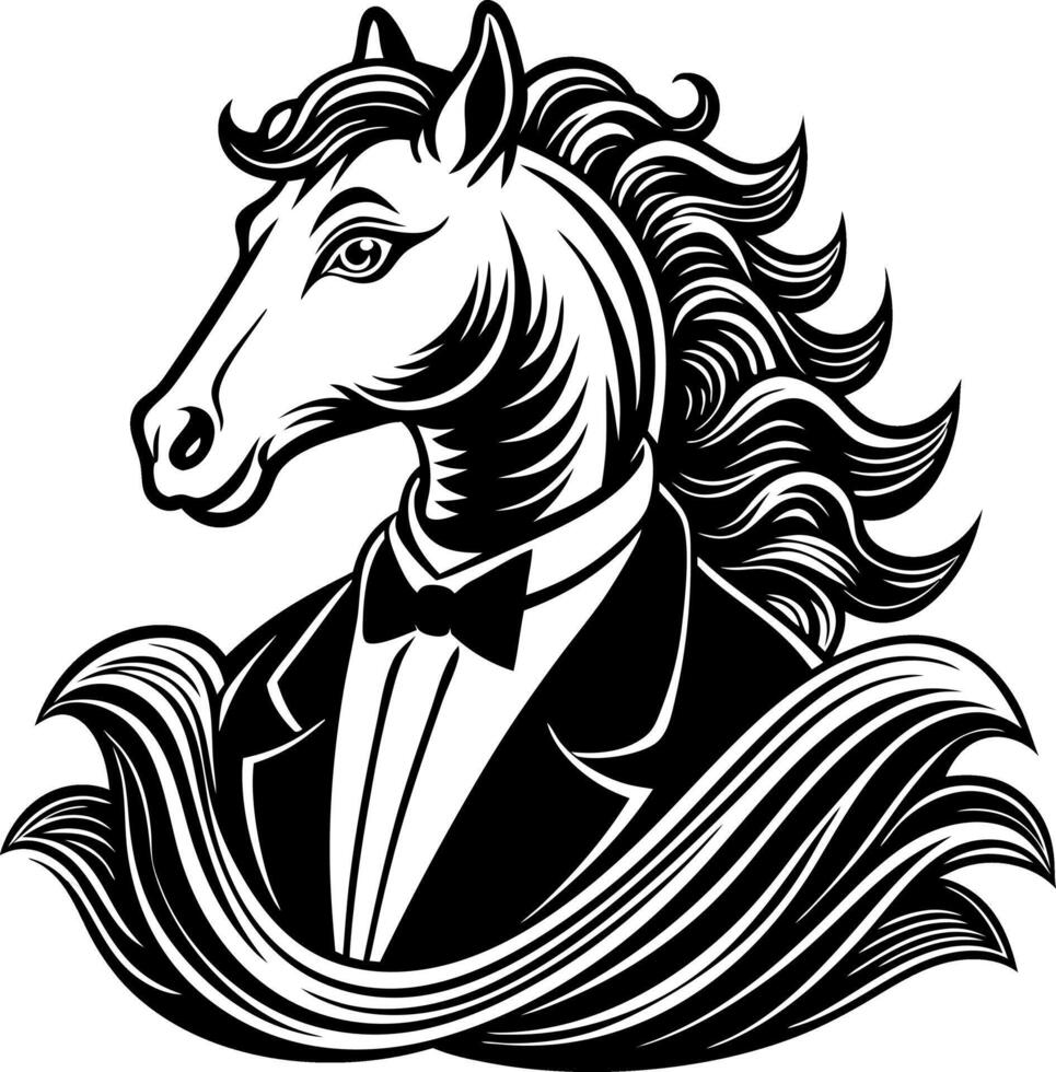 A horse wearing a tuxedo and bow tie vector