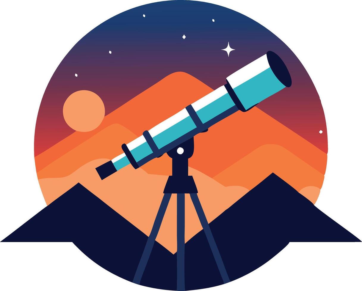 A telescope is shown in the center of a circle with mountains in the background vector