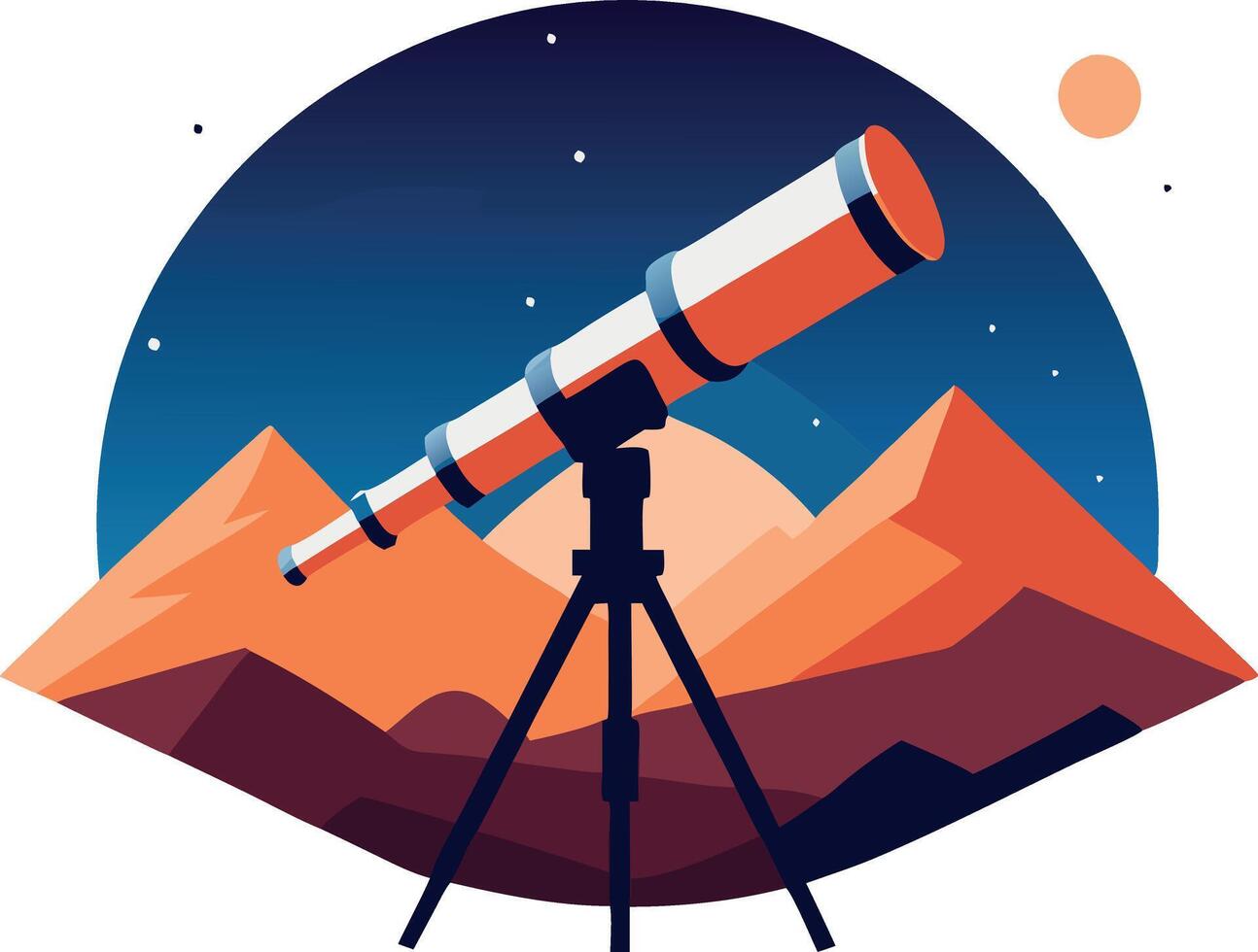 A telescope is set up on a tripod in front of a mountain range vector
