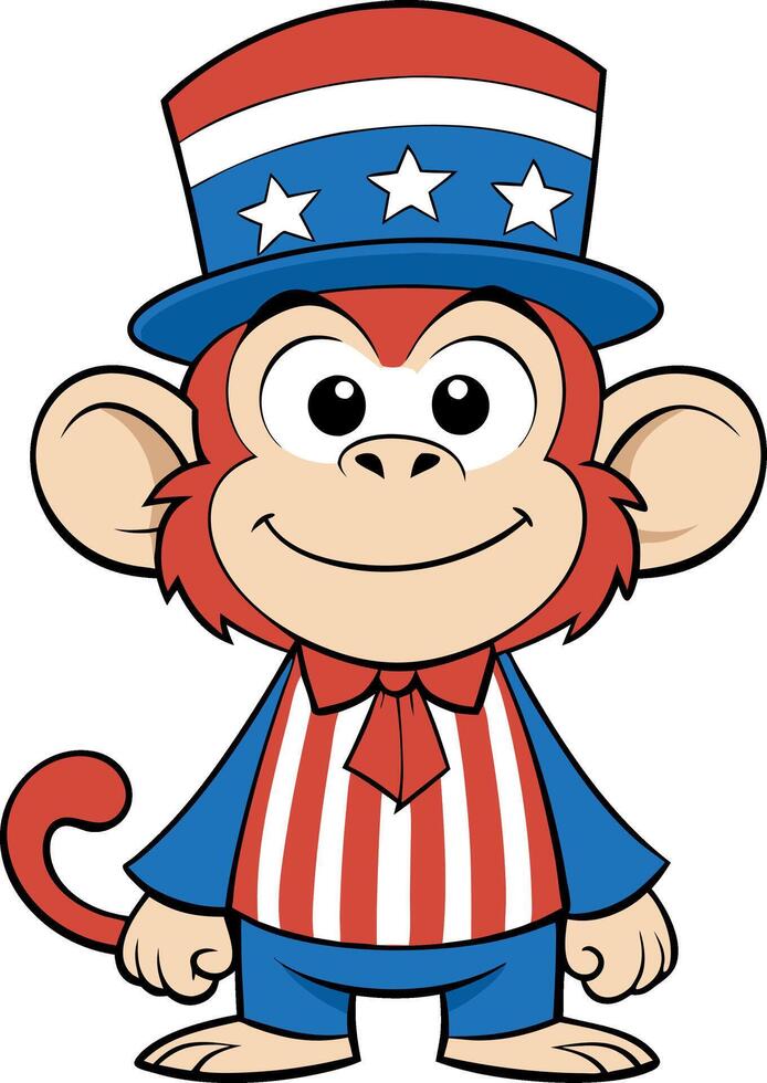 A cartoon monkey wearing a red, white and blue hat and a red tie vector