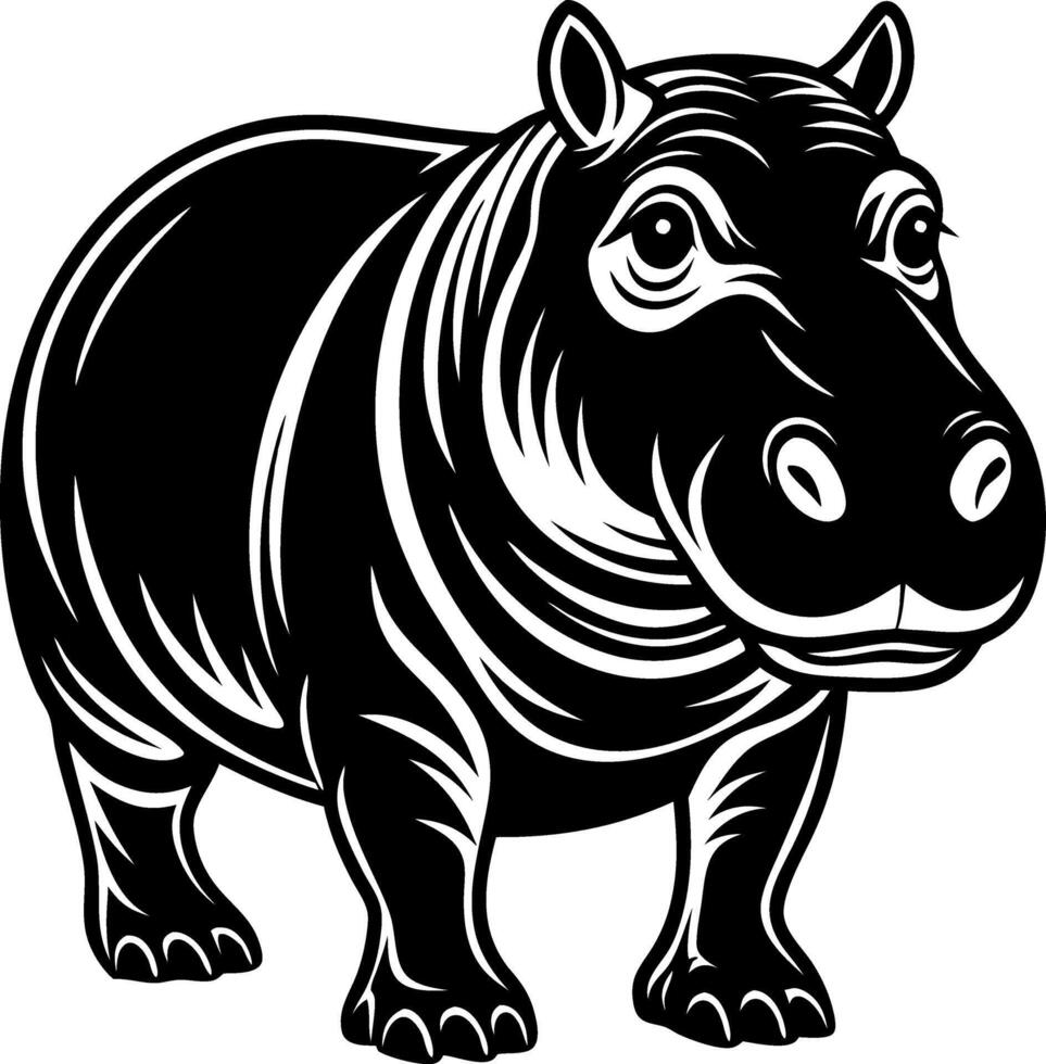 A black and white drawing of a hippo with a big smile on its face vector