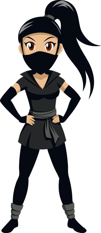 Confident cartoon female ninja standing with hands on hips, ready for action, in black attire vector