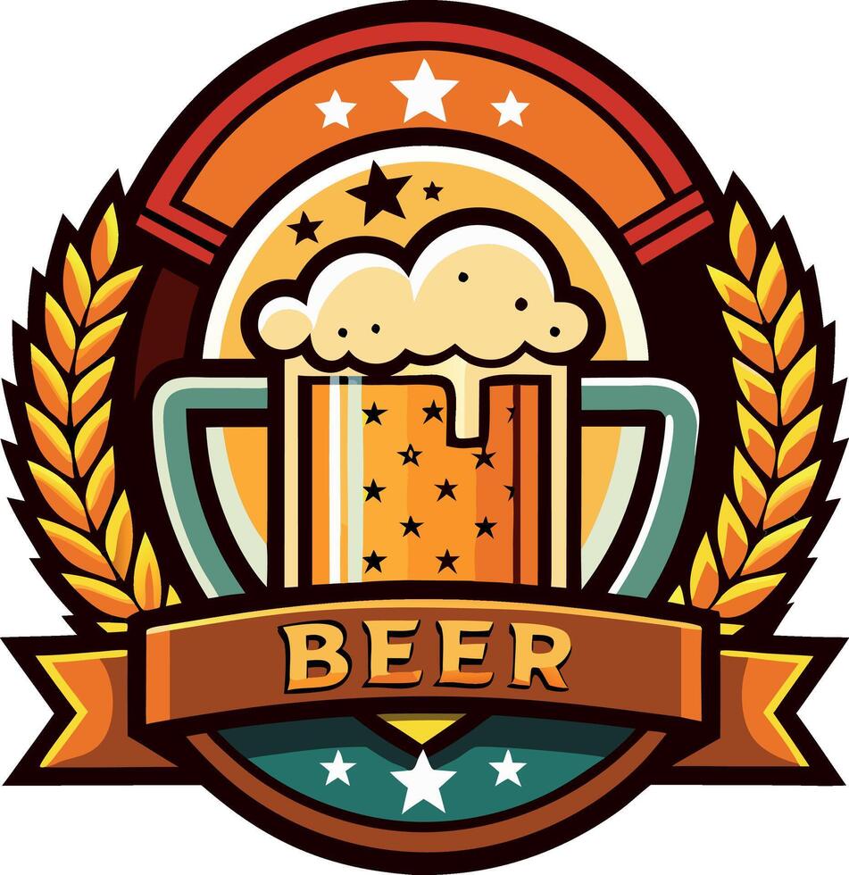 Colorful beer logo with decorative stars and wheat branches on a circular background vector