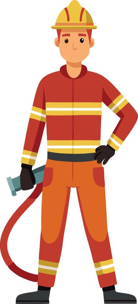 Cartoon firefighter in uniform with fire hose, ready to respond to an emergency vector