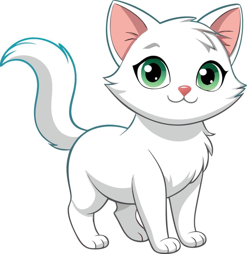 A white cat with green eyes is standing on a white background vector
