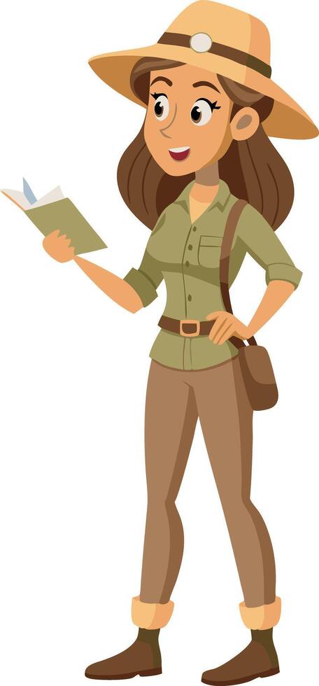 Illustration of a female explorer reading a book while on an adventure. vector
