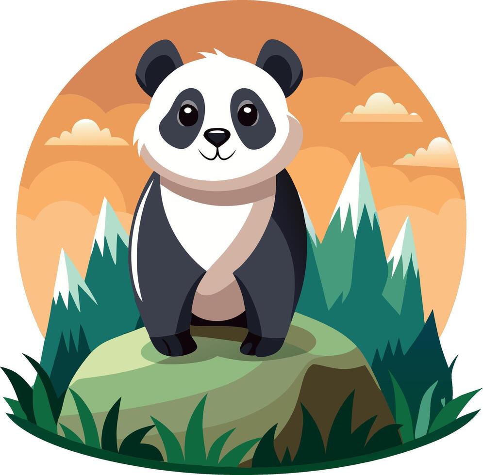 Cute cartoon panda standing on a rock with mountains and orange sky background vector