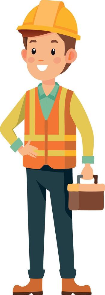 Smiling cartoon construction worker in safety vest and hard hat holding a toolbox vector