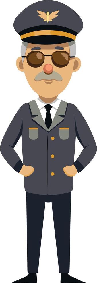 Cartoon character of experienced pilot in uniform with sunglasses and hat, standing confidently vector