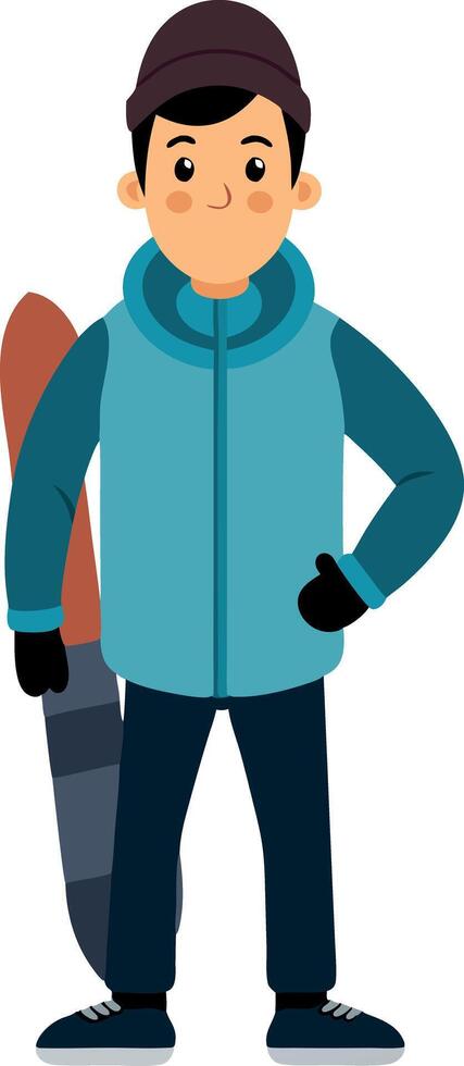 Cartoon illustration of a young man holding a snowboard in winter outfit vector