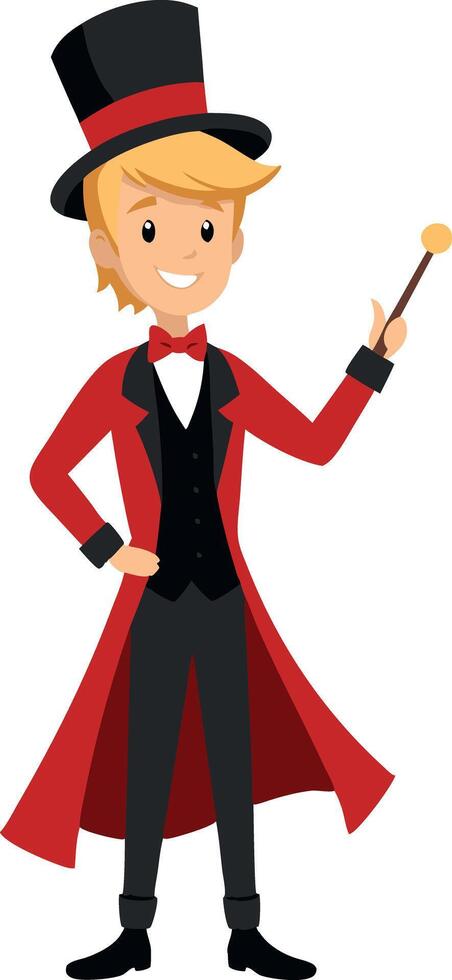 Cheerful cartoon magician character in red coat and top hat holding magic wand vector