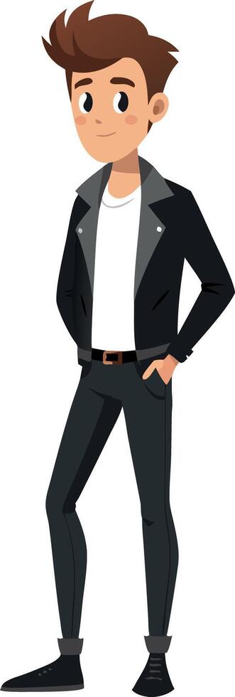 Cool young man in black leather jacket and jeans standing confidently vector