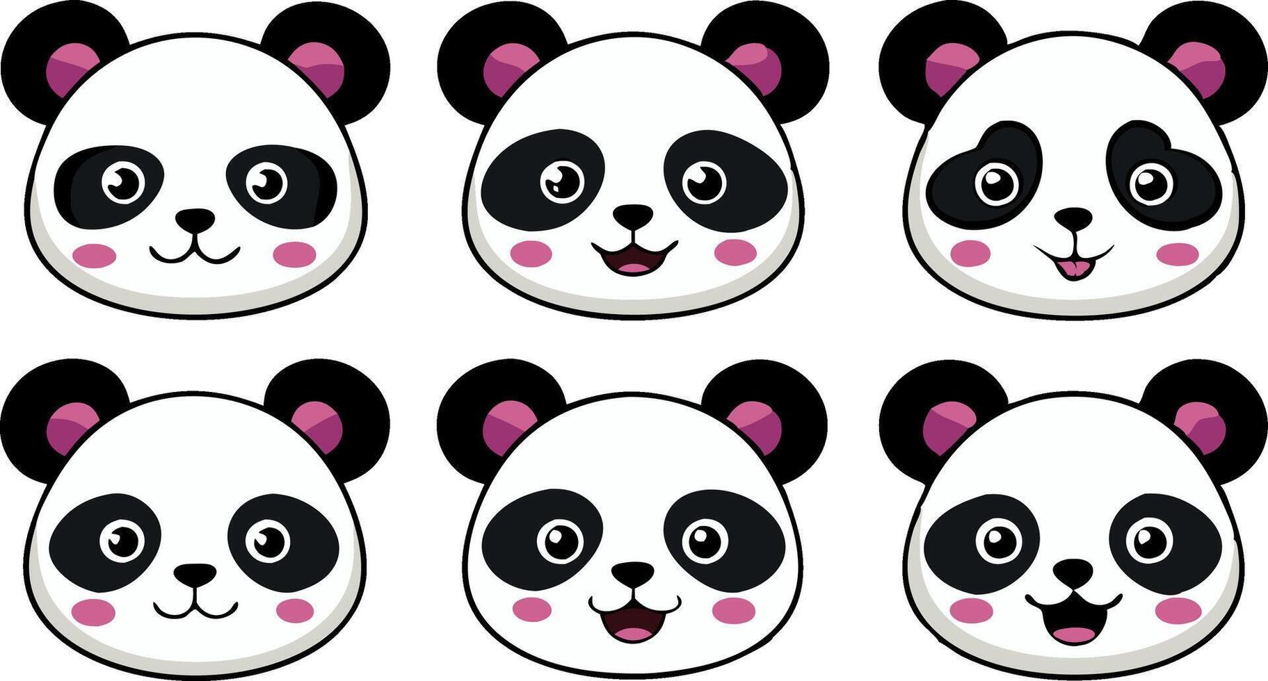 Set of six cute panda faces with various expressions, isolated on white background vector