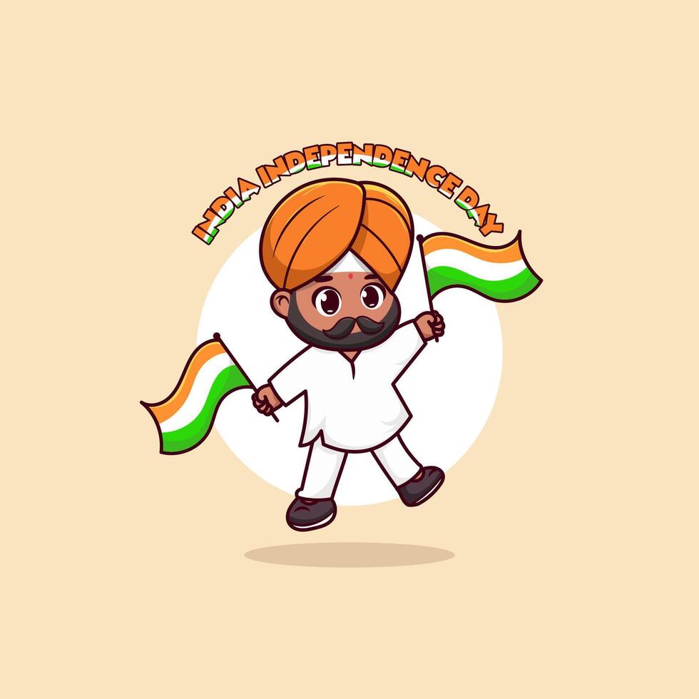 Premium of indians wearing a cute head turban holding an indian flag. vector