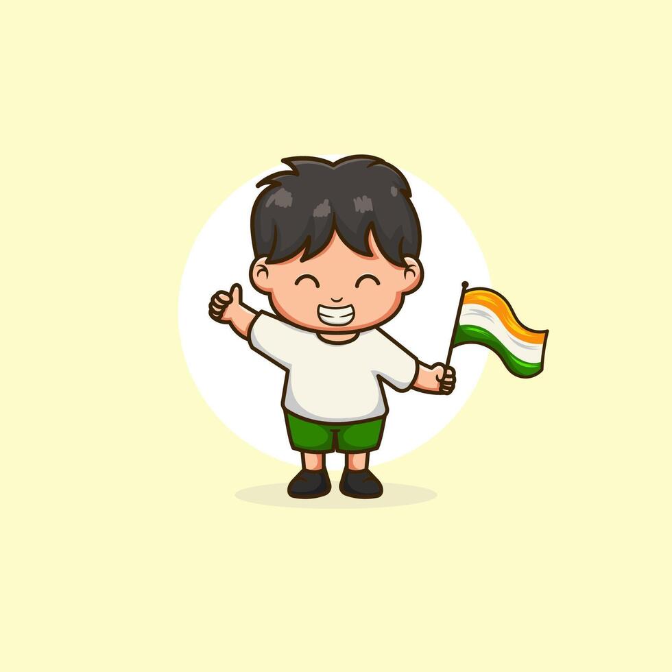 Premium cute boy holding Indian flag. Indian Independence Day . Chibi cartoons. vector
