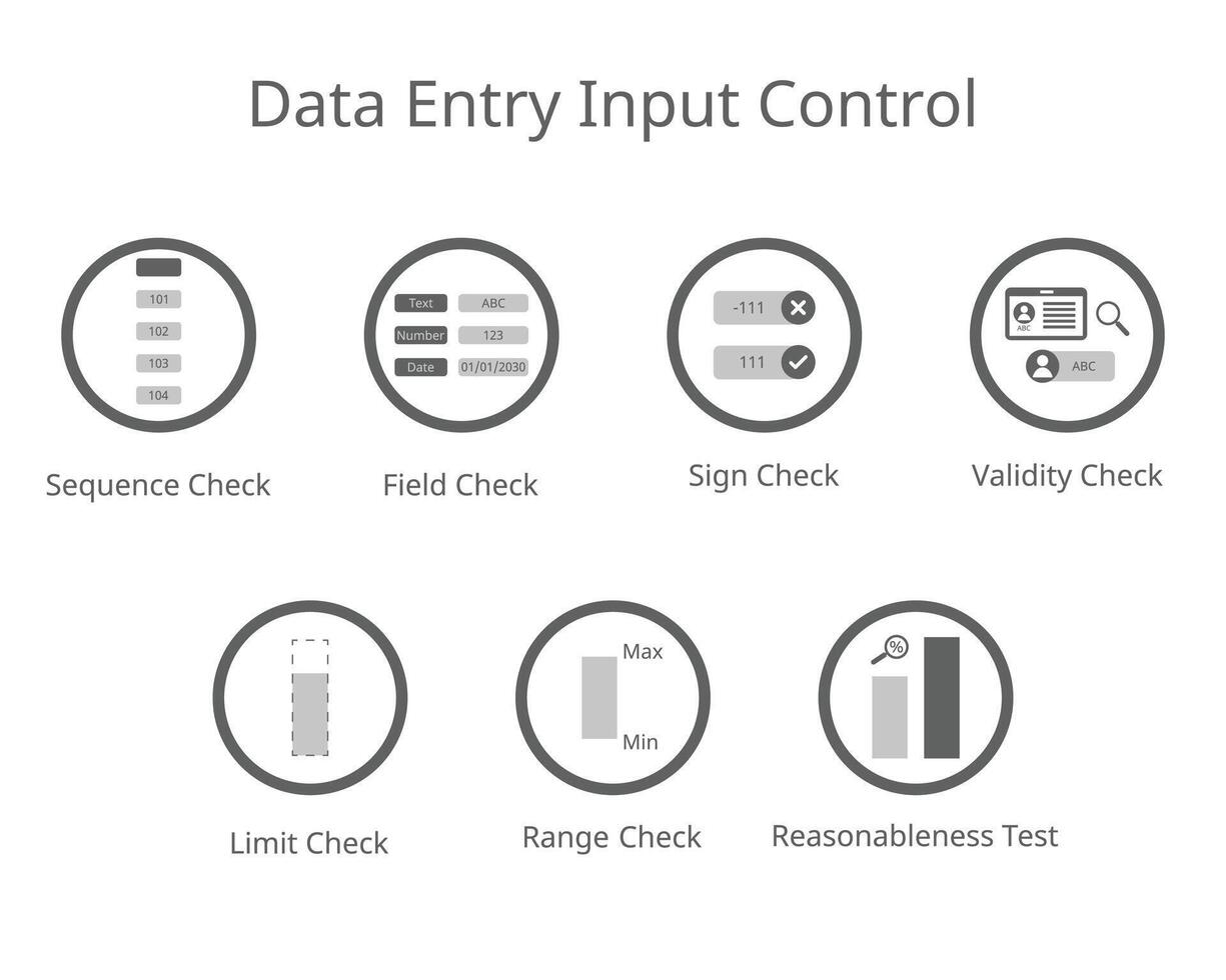 Data entry Input control for sign check, validity check, field check, sequence, limit, range vector