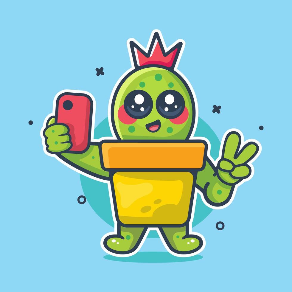 smiling cactus on pot character mascot taking a selfie with a smartphone isolated cartoon vector