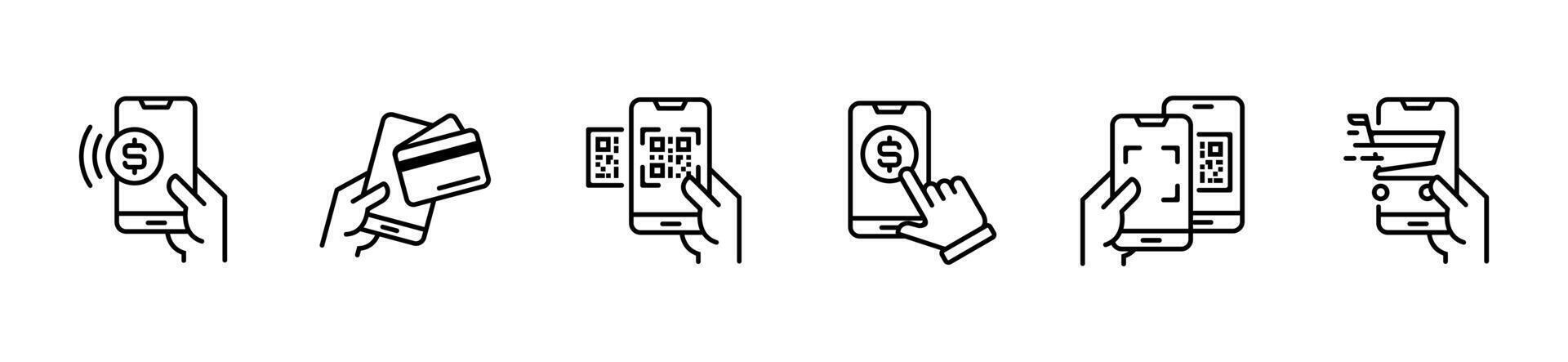 mobile online payment line icon set smartphone to transfer money with code symbol outline illustration vector