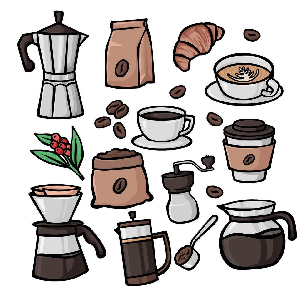 handdrawn doodle coffee element tools equipment and ingredient vector