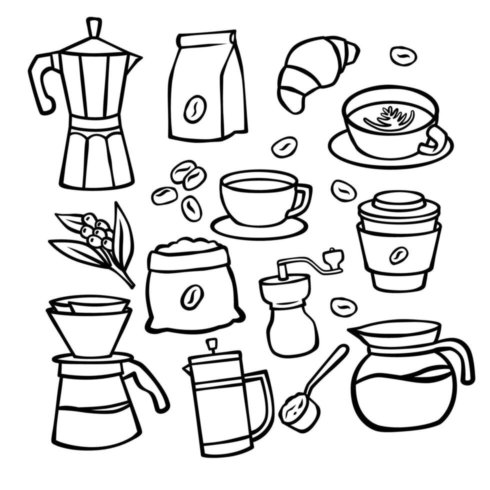 handdrawn doodle coffee element tools equipment and ingredient vector