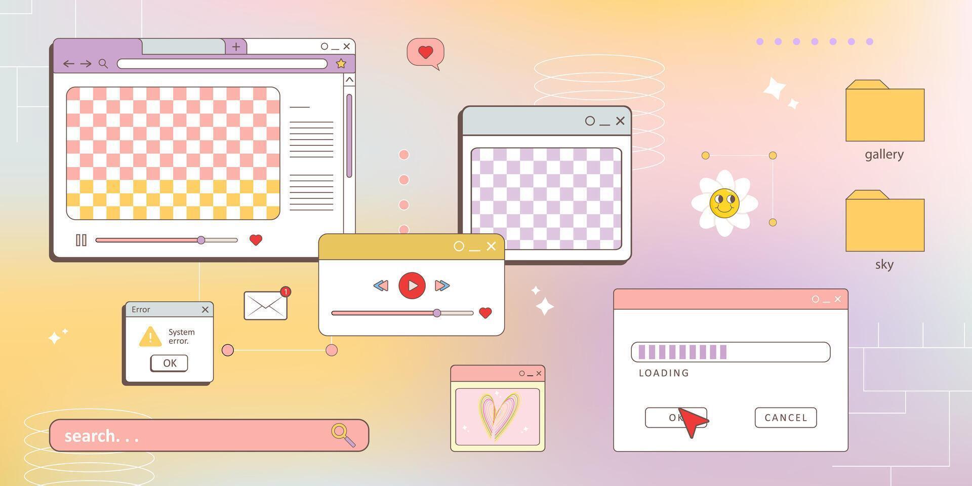 retro computer browser 90s vaporwave style with smile daisy flower. Retrowave pc desktop with 404 error message boxes and popup user interface elements vector