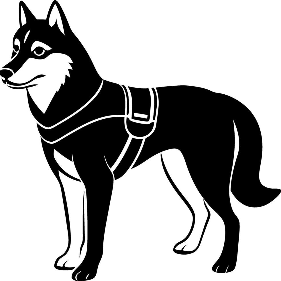 A black and white dog with a harness on its back vector