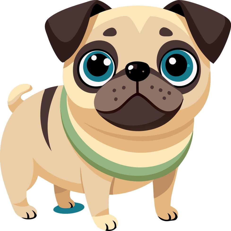 Cute cartoon pug illustration with big expressive eyes and a green collar vector