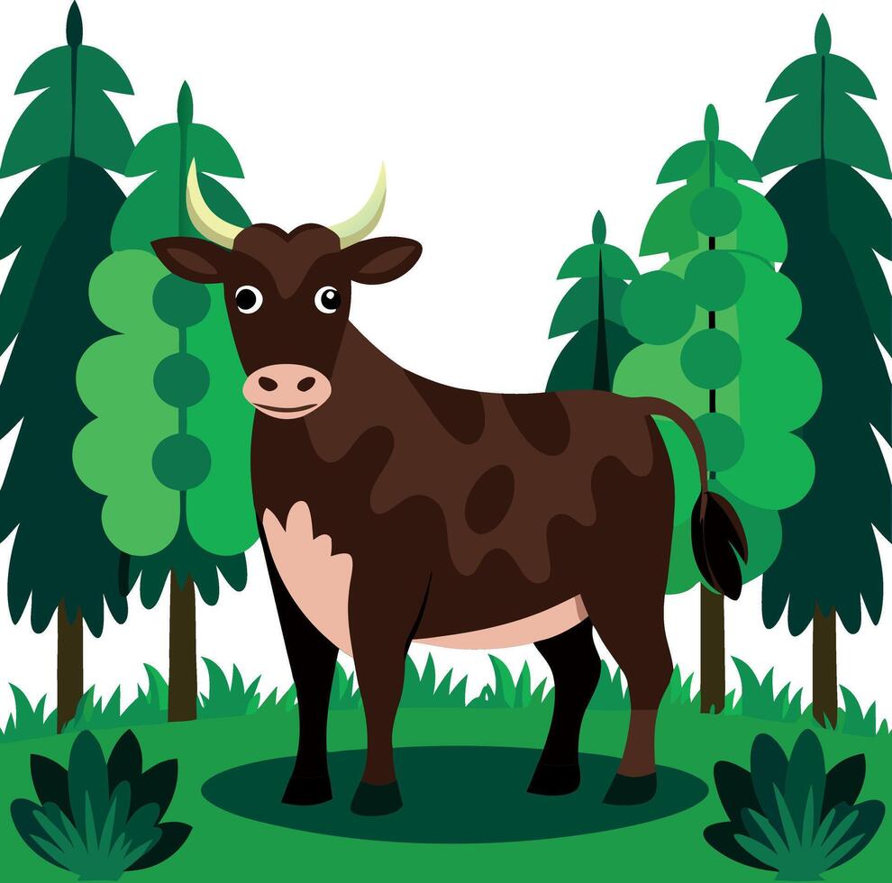 Illustration of a brown cow standing in a forest with tall pine trees vector