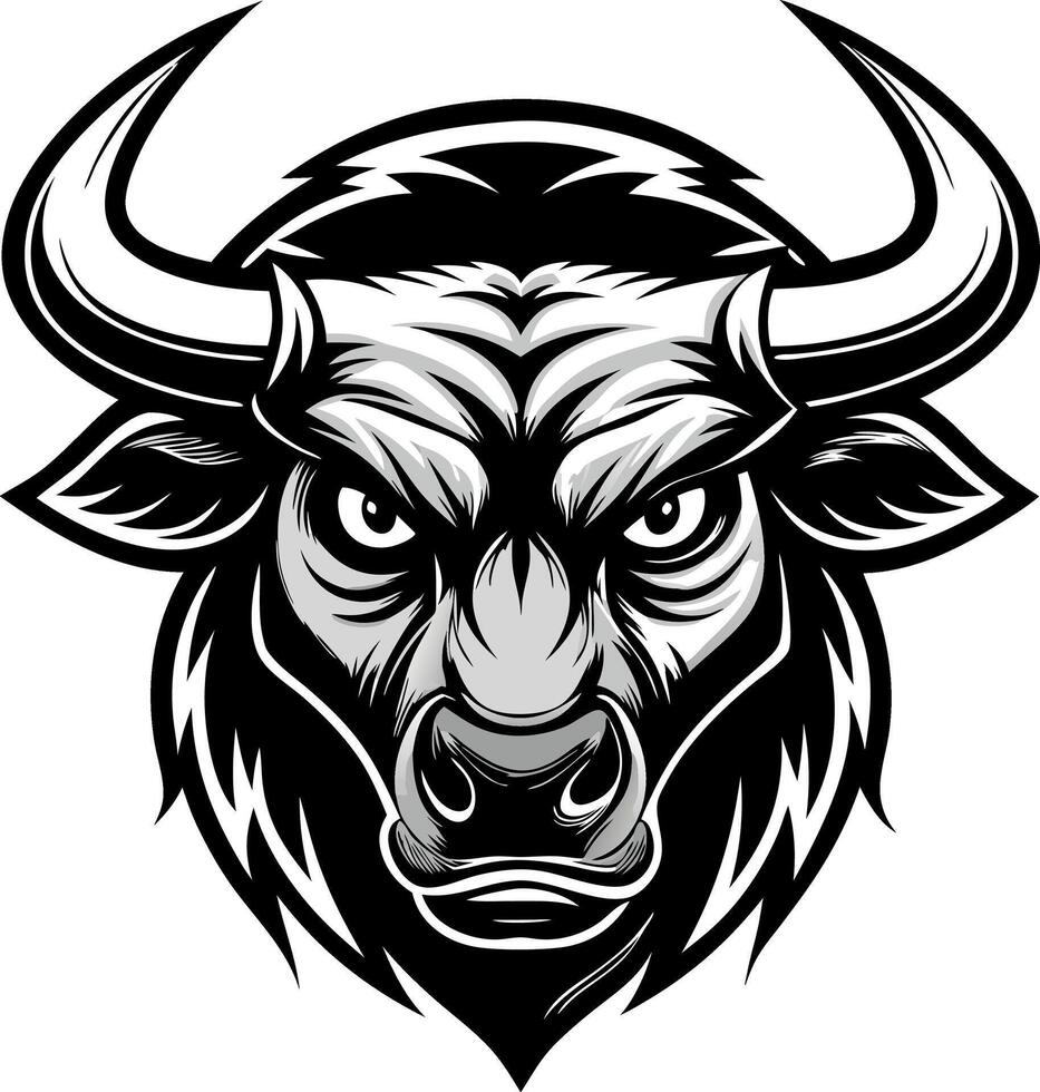 Powerful bull head illustration with fierce expression in black and white vector