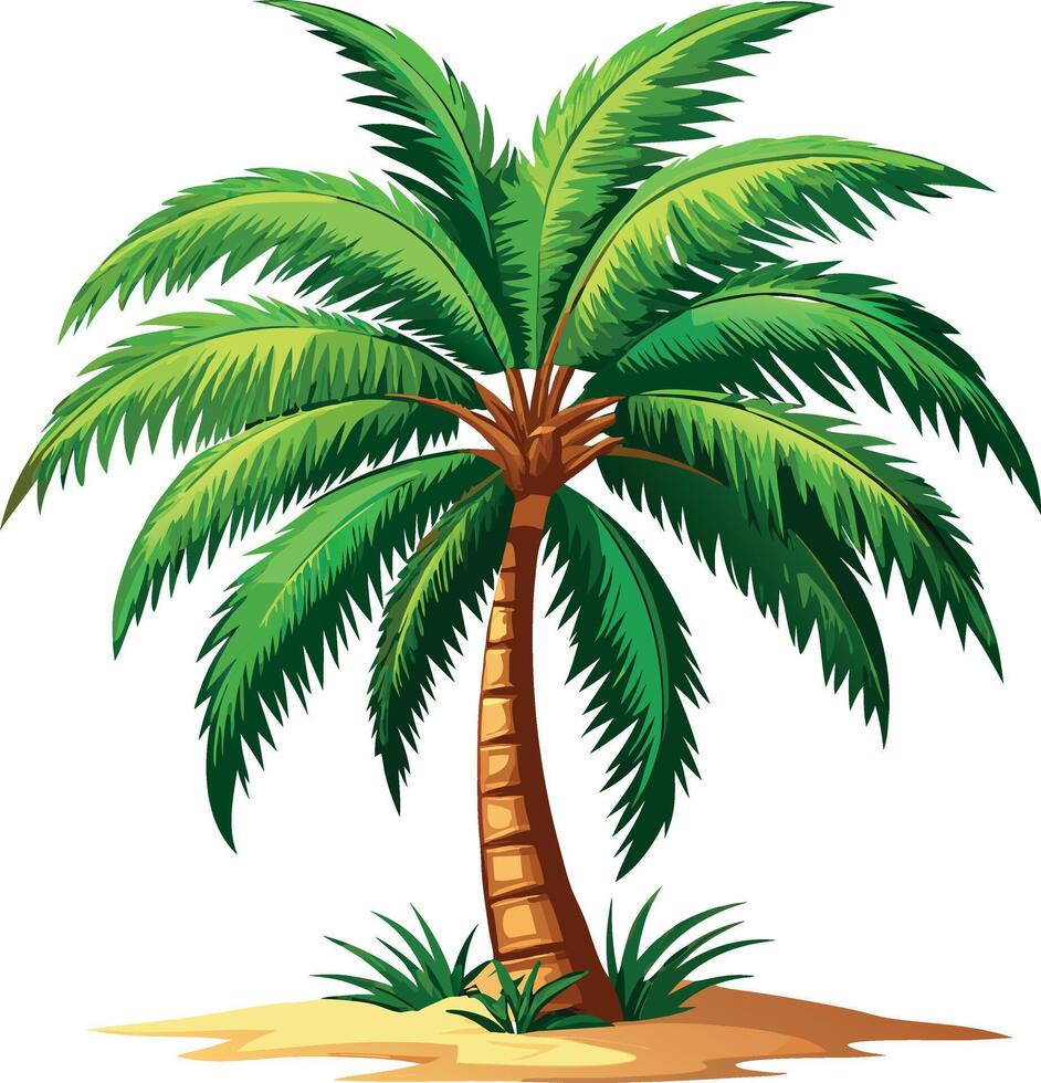 Vibrant cartoon palm tree with lush green leaves on sandy ground vector