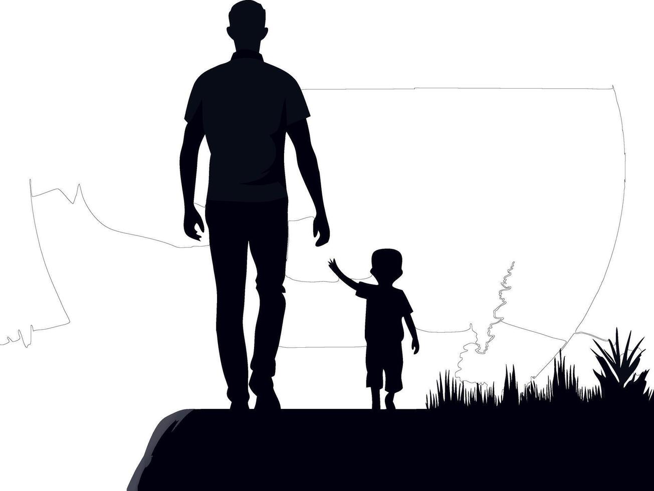 Silhouette of father and child walking hand in hand in nature, symbolizing family bond and togetherness vector