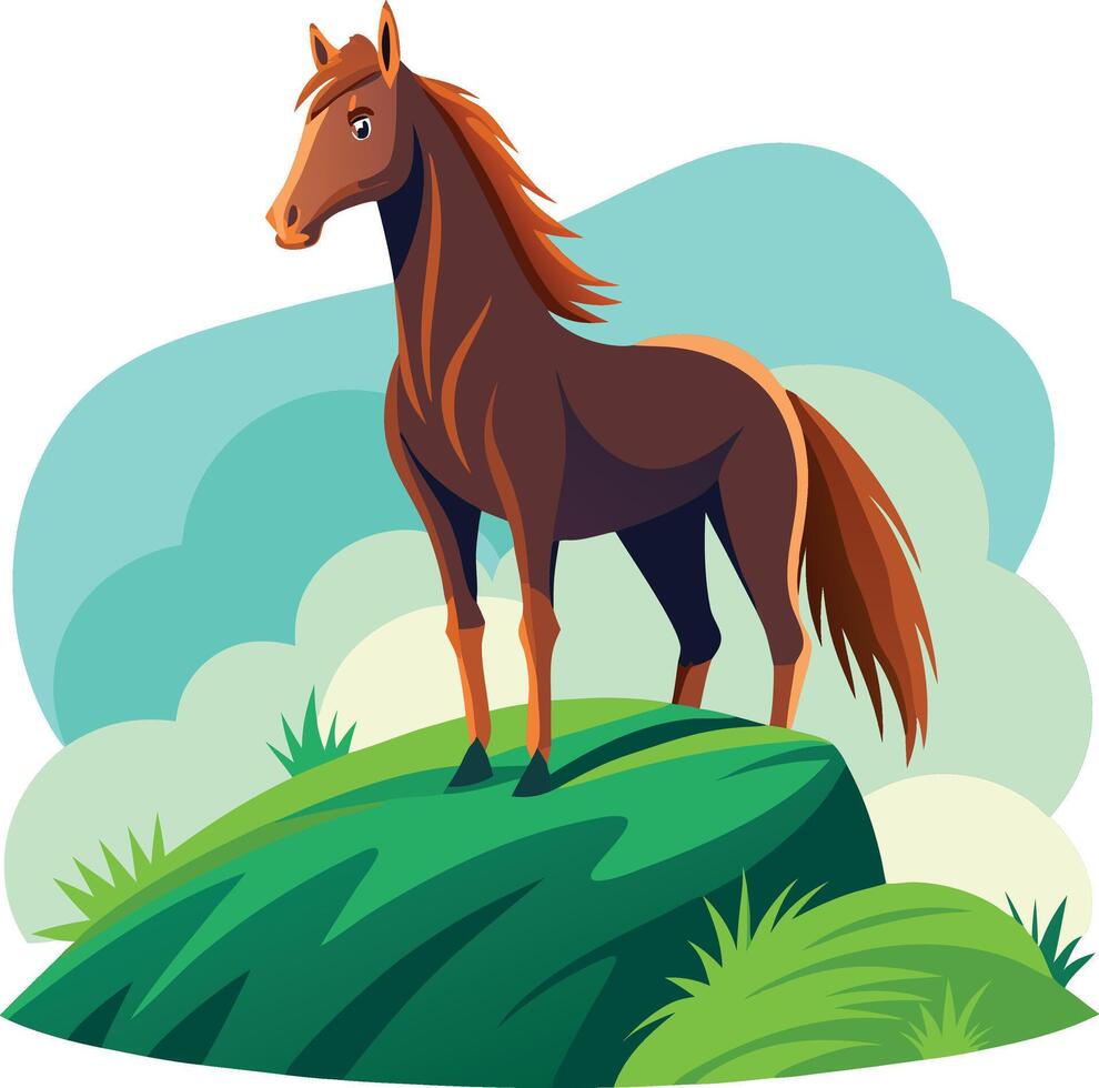 Illustration of a majestic brown horse standing on a green hilltop against a cloudy sky background vector