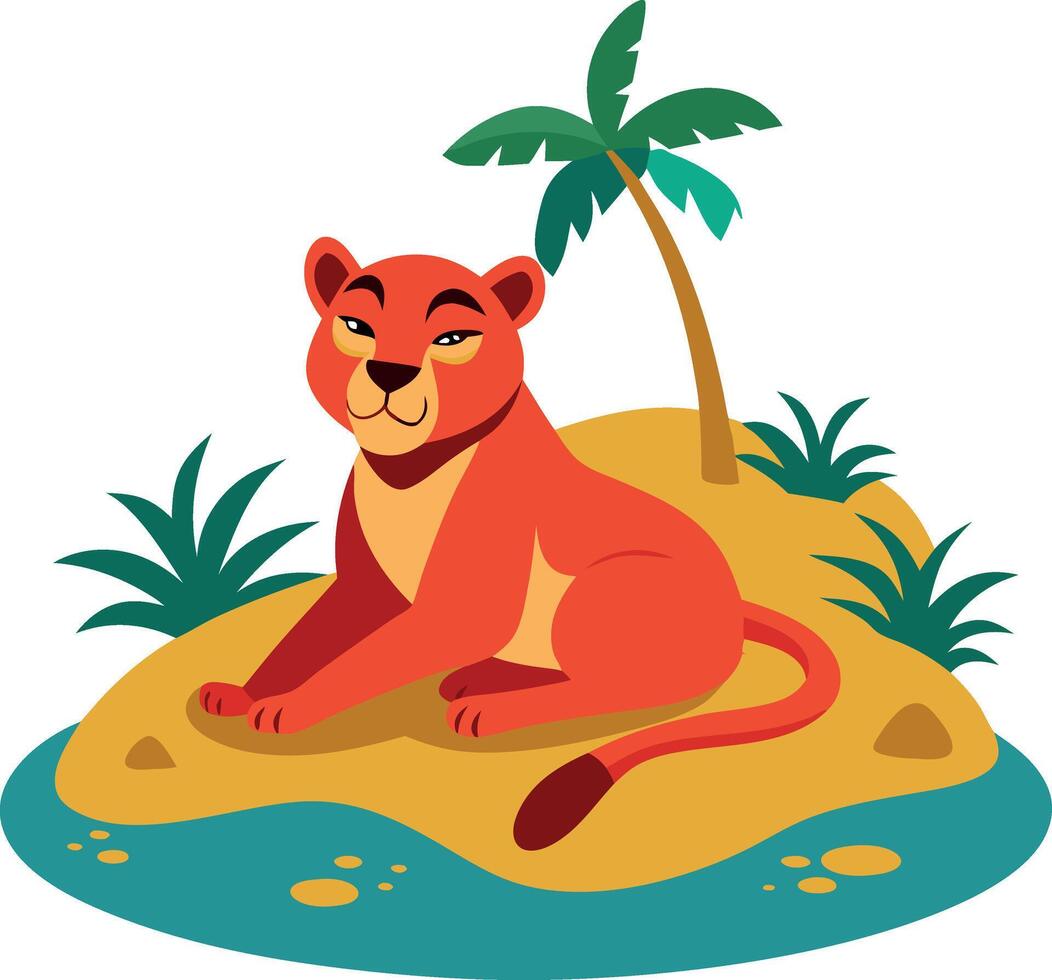 Cartoon lioness resting on a small island with palm tree and plants vector