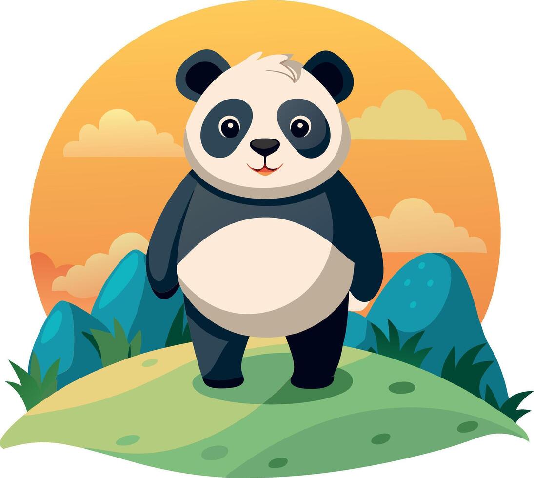 Cute panda cartoon character on a scenic landscape with sunset background and green mountains. vector