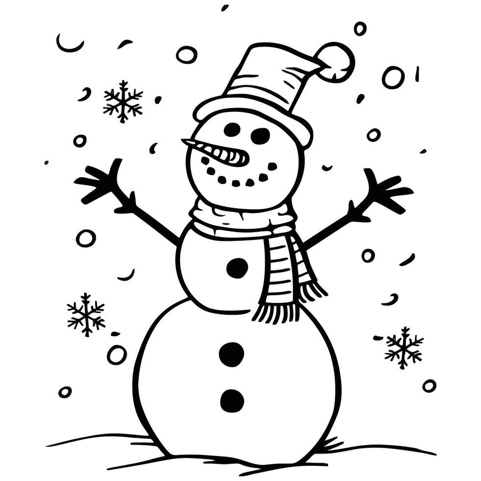 Snowman in hat and scarf line art, Cute Christmas character vector