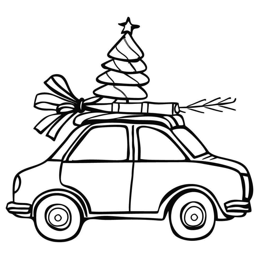 Christmas car illustration with a Christmas tree, Merry Christmas vector