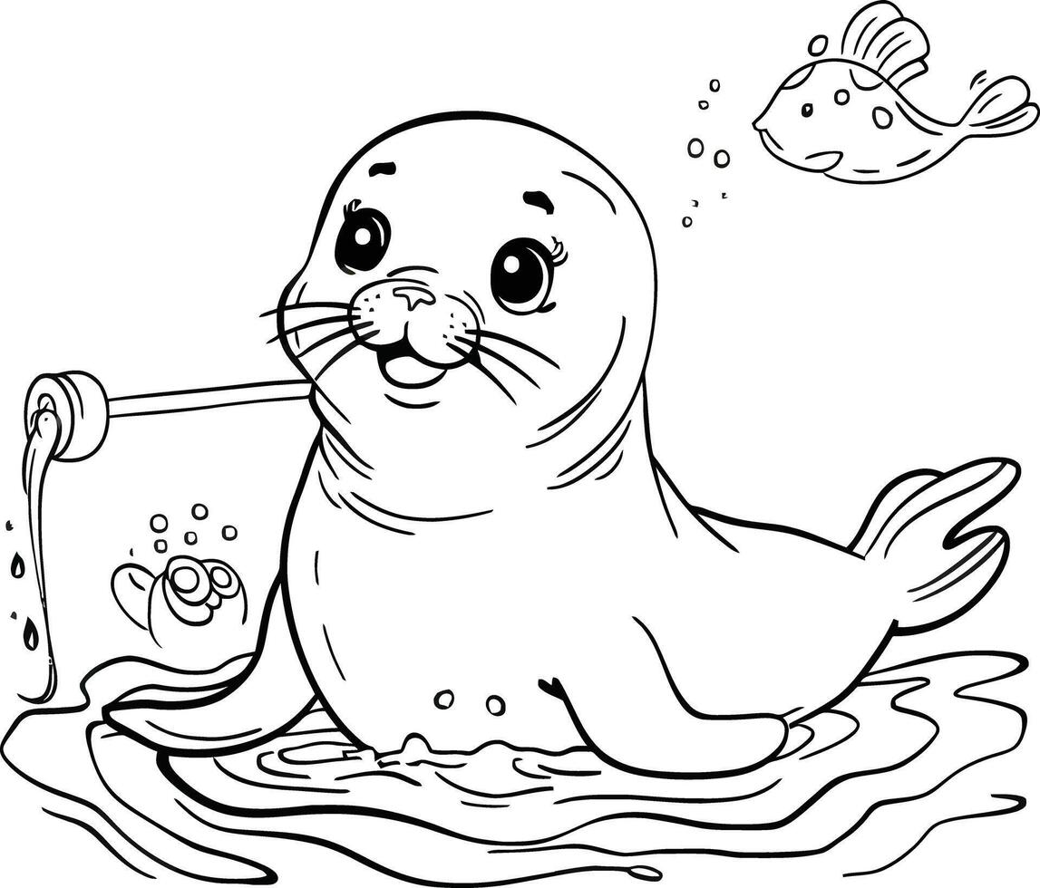 Seal with Fish Coloring Page for Kids and Fun vector