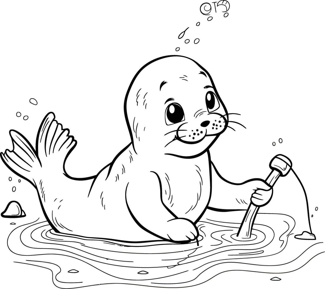 Seal with Fish Coloring Page for Kids and Fun vector