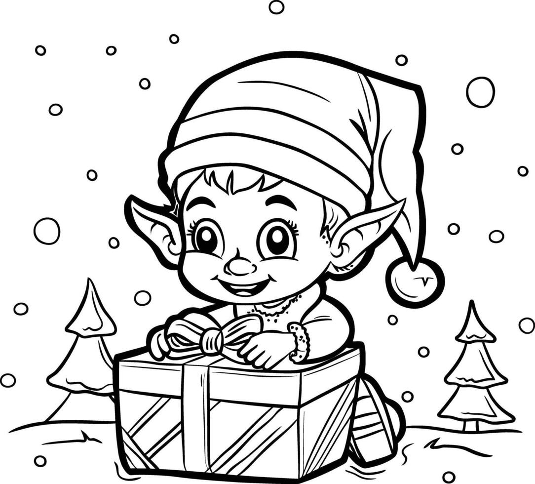 Smiling Elf with Christmas Gifts Coloring Page for Kids vector