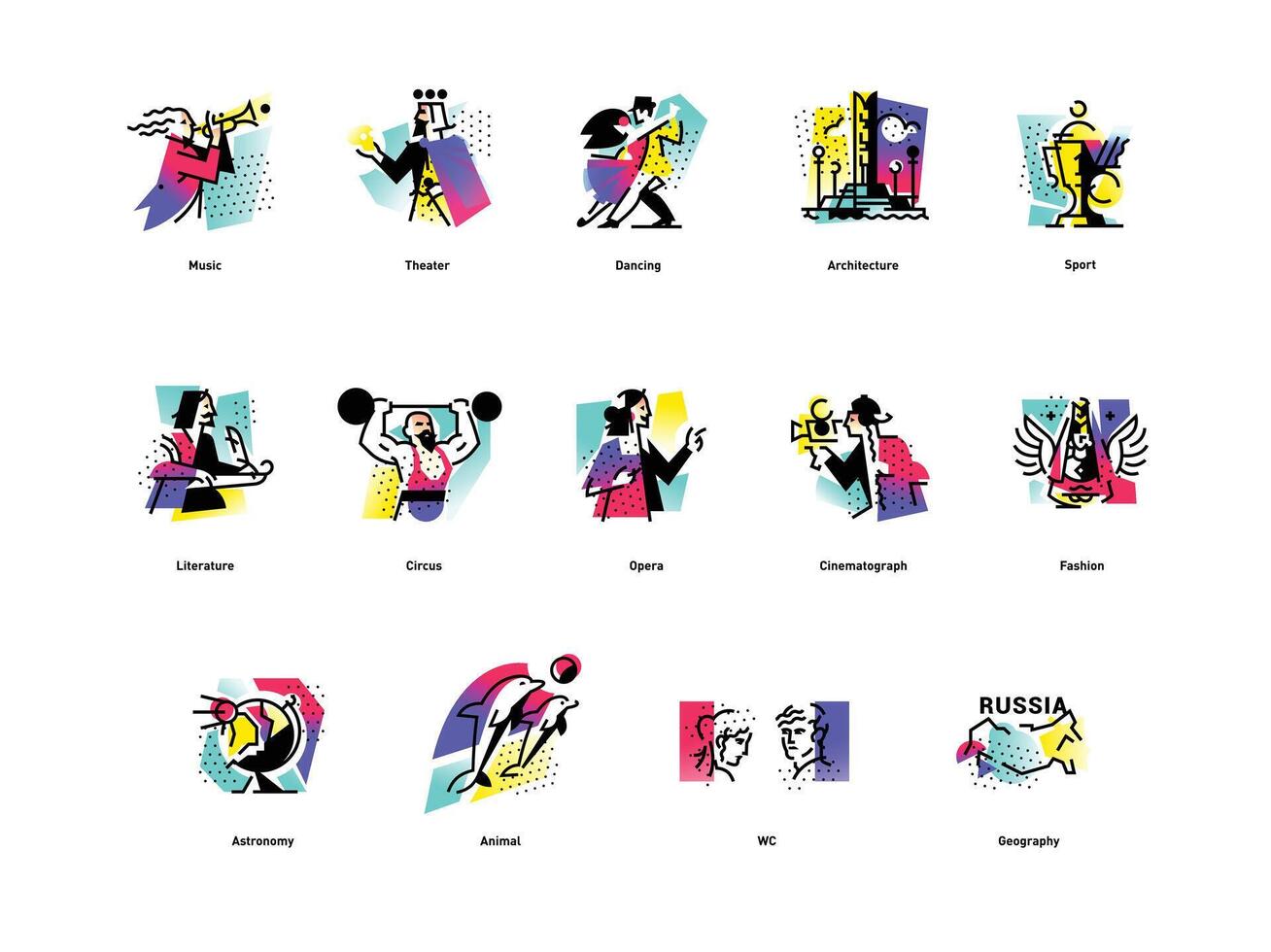 A set of icons on the theme of art forms. Music, choreography, singing, literature, theater, circus. Hobbies of creative people. Icons for the site, banner and print. Emblems, symbols. vector
