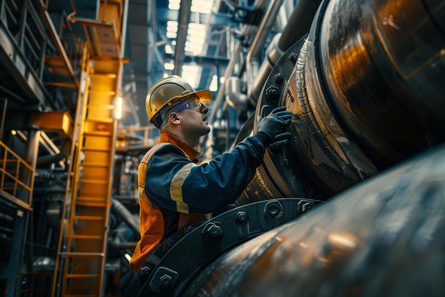 A man in a safety harness is working on a pipe photo