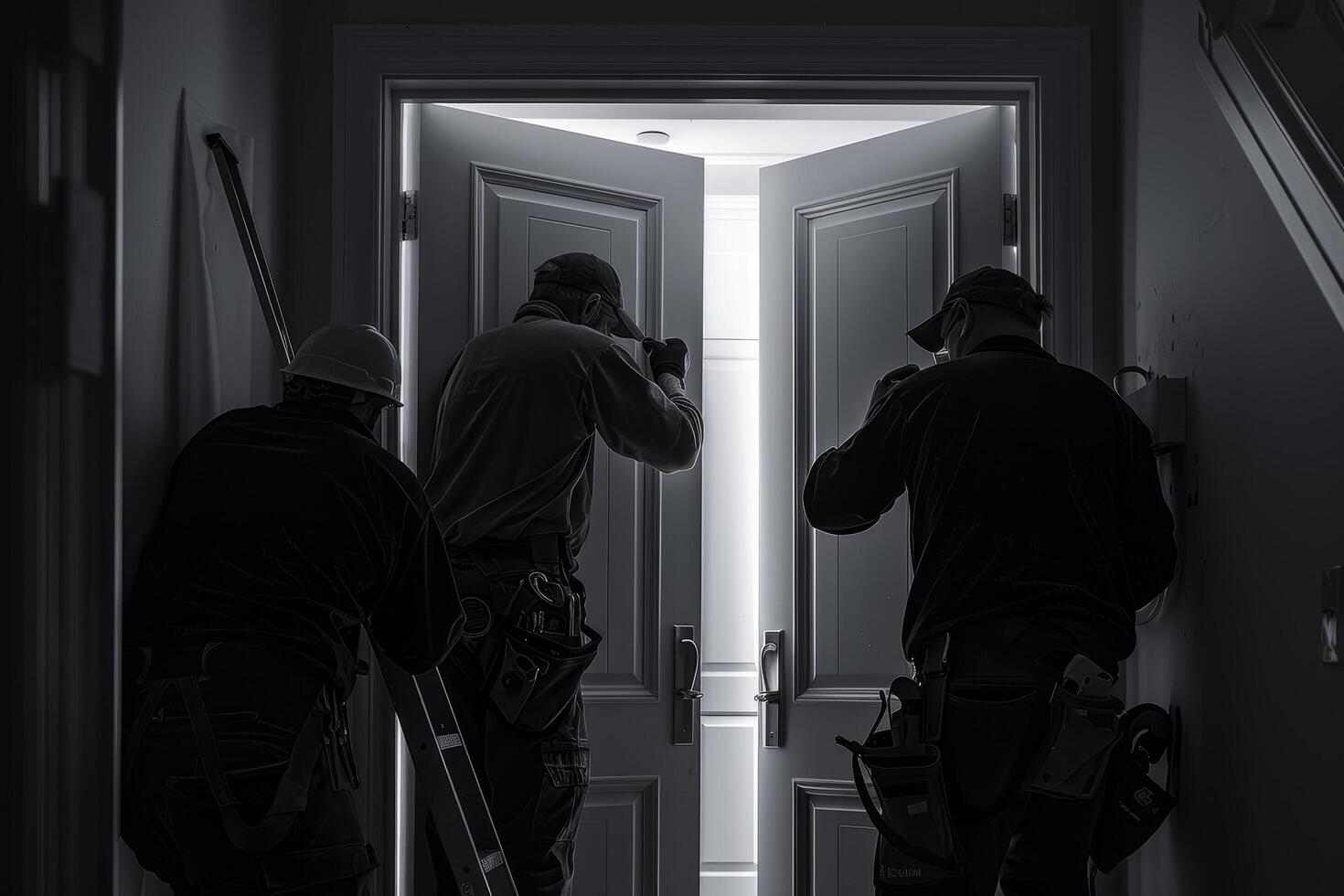 Three men are working on a door, one of them is wearing a hard hat photo