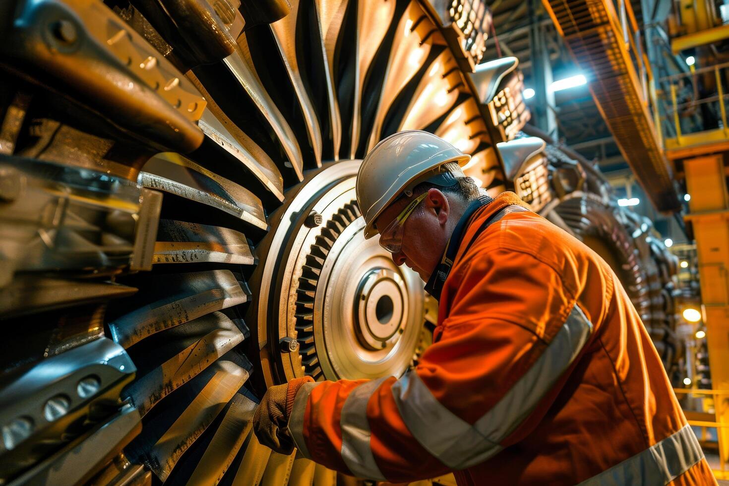 A man in an orange jacket is working on a large machine photo