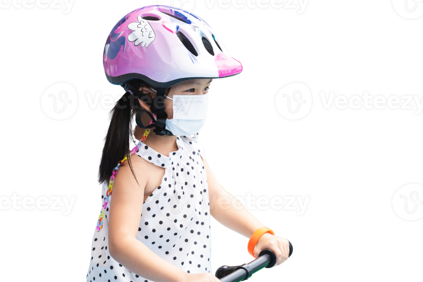 Kid girl is riding a bicycle or scooter wearing helmet and protective mask, showing concern for safety and health. Safety and self-care in children's outdoor activities during the time of the pandemic png