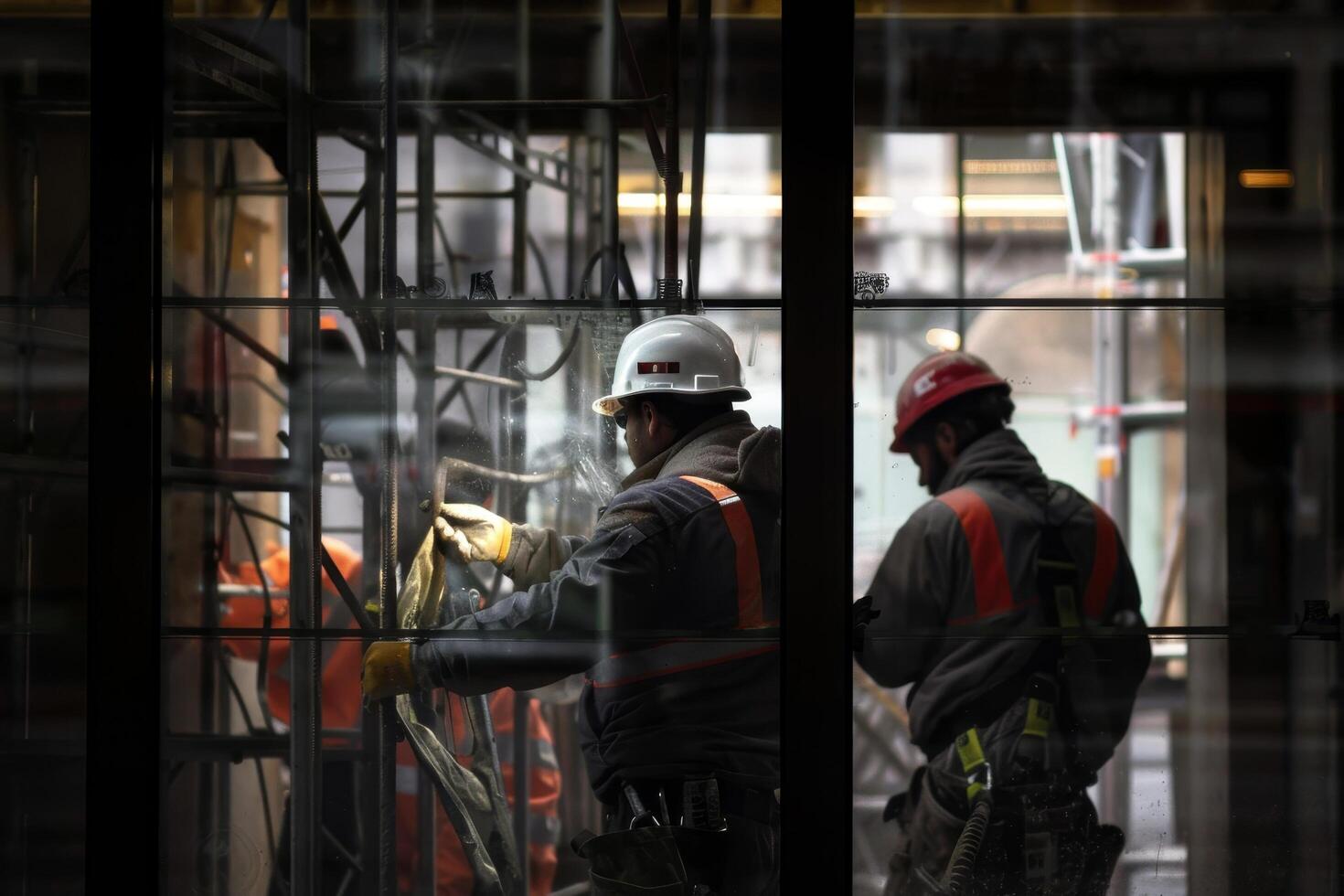 Two men in construction gear are working on a window photo