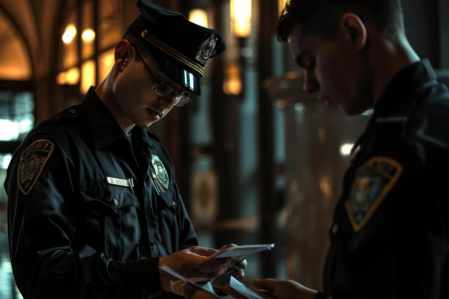 police officers standing next to each other in the dark photo